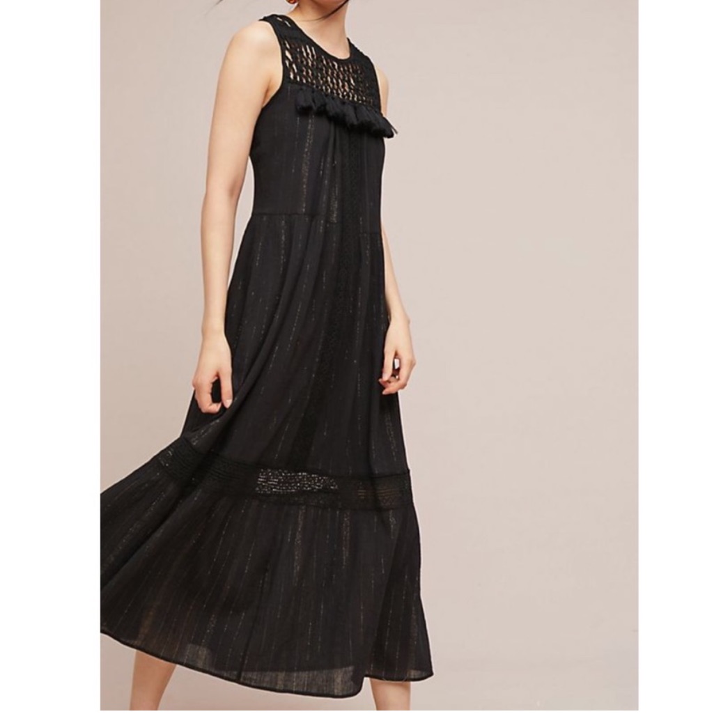 Anthropologie Maeve Abilene Black Metallic Crochet Maxi Dress